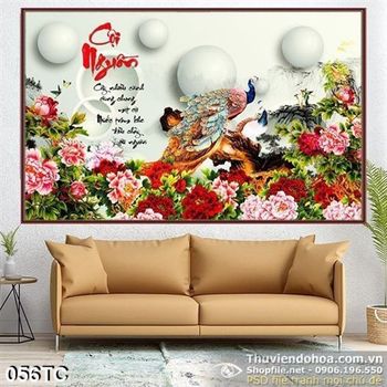 Tranh chim công 3d và đám hoa mẫu đơn in uv file psd