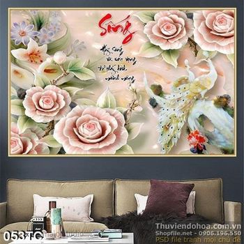 Tranh chim công hoa giả ngọc chữ sống thư pháp psd