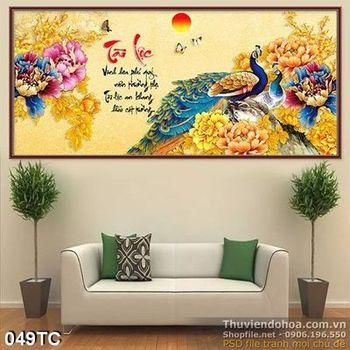 Tranh chim công tài lộc và hoa mẫu đơn