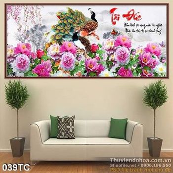 Tranh chim công hoa mẫu đơn và chữ tài đức 3d in uv