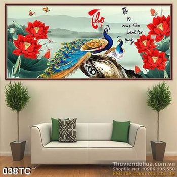 Tranh chim công và hoa sen đỏ đẹp 3d