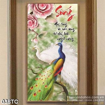 Tranh chim công trắng khổ dọc 3d  chữ sống
