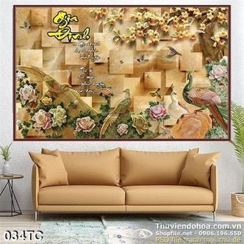 Tranh chim công 3d giả ngọc chữ thư pháp gia đình