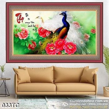 Tranh chim công màu trắng và chữ thọ