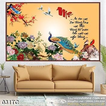 Tranh chim công mẹ chữ thư pháp ấn tượng 3d