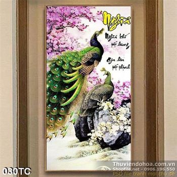 Tranh chim công vui đùa và hoa đèo in uv