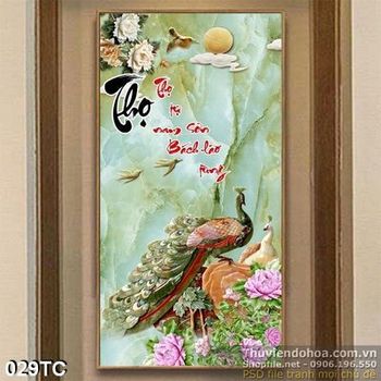 Tranh chim công giả ngọc đậu trên hòn đá chữ thọ 3d