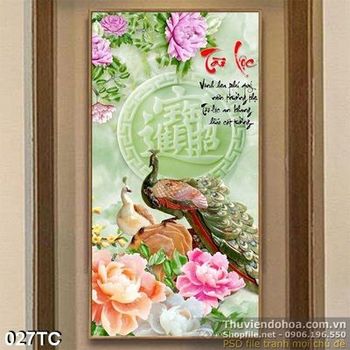 Tranh chim công và giả ngọc hoa mẫu đơn tài lộc 3d