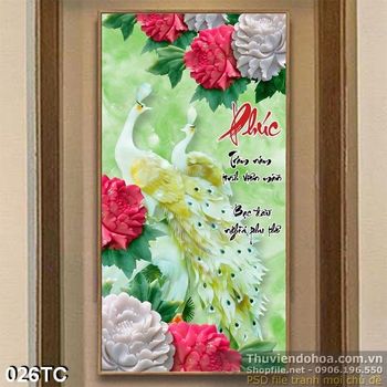 Tranh chim công 3d giả ngọc wall chữ phúc
