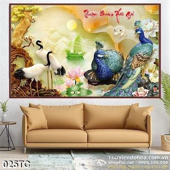 Tranh chim công thuần buồm xuôi gió 3d giả ngọc đepj