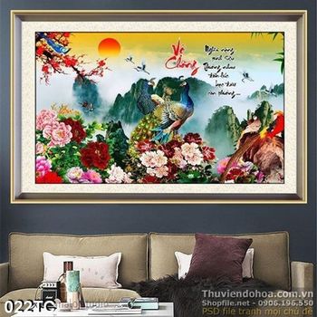 Tranh chim công hoa mẫu đơn và núi non hữu tình vợ chồng ód