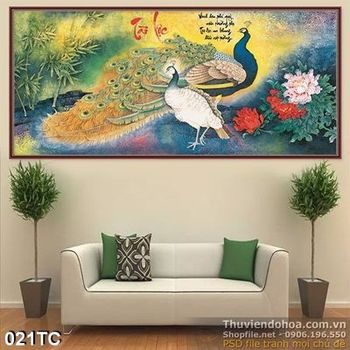 Tranh chim công sơn dầu đẹp ấn tượng in uv psd