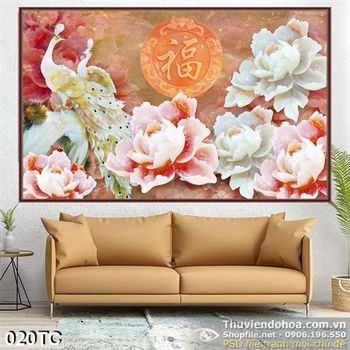 Tranh chim công hoa mẫu đơn giả ngọc in uv chất lượng