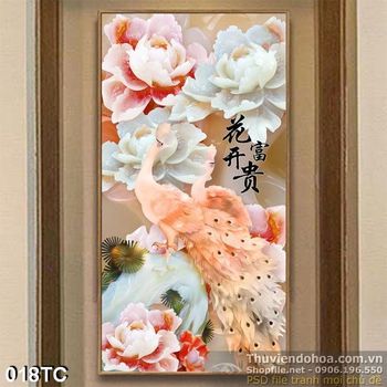 Tranh chim công hoa mẫu đơn giả ngọc in uv file psd