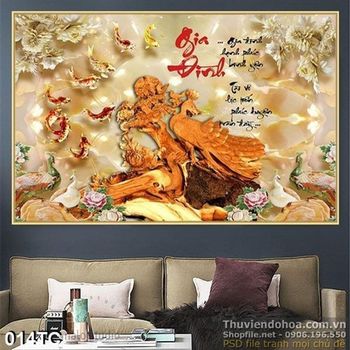 Tranh chim công gia đình giả ngọc và cá chép 3d