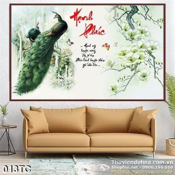 Tranh chim công vẽ tay chữ thư pháp hạnh phúc wall in psd