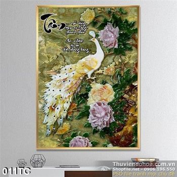 Tranh chim công khổ dọc giả ngọc wall chữ tâm