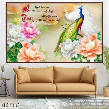 Tranh chim công nhớ ơn thầy và hoa mẫu đơn giả ngọc 3d