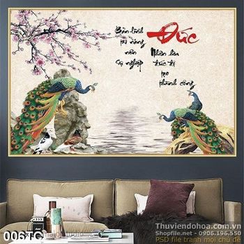 Tranh chim công và hoa đào chữ đức thư pháp 3d