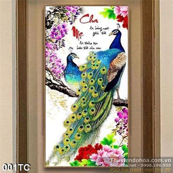 Tranh chim công 3d thư pháp cha me in uv