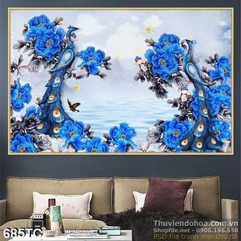 Tranh chim công và hoa màu xanh