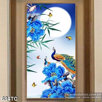 Tranh chim công và hoa mẫu đơn màu xanh