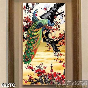 Tranh chim công và cây hoa đào
