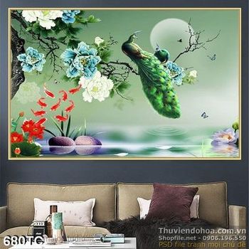 Tranh chim công đậu cành cây lúc đên khuya