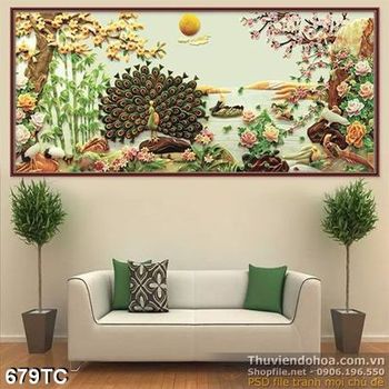 Tranh chim công 3d giả ngọc và phong cảnh