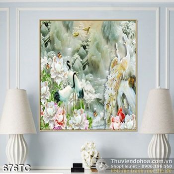 Tranh chim công hoa mẫu đơn và chim hạc