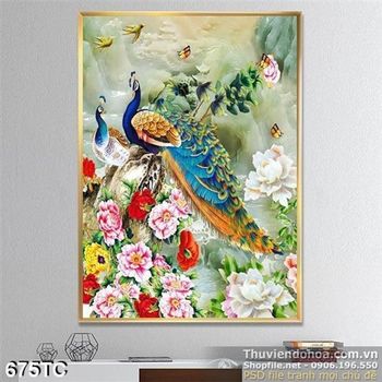 Tranh chim công khổ dọc và hoa mẫu đơn
