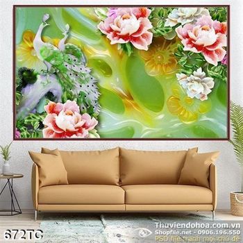 Tranh chim công màu xanh và hoa mẫu đơn 3d