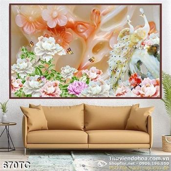 Tranh chim công 3d wall giả ngọc ấn tượng