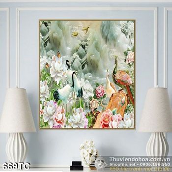 Tranh chim công giả ngọc 3d và con chim hạc