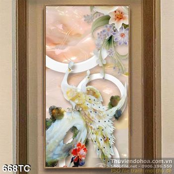 Tranh chim công 3d giả ngọc và hoa ly