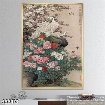 Tranh chim công vẽ tay và bụi hoa mẫu đơn in uv
