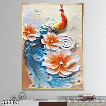 Tranh chim công phù điều và bông hoa nhỏ
