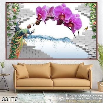 Tranh chim công và cành hoa lan tím