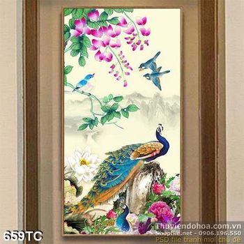 Tranh chim công 2 con chim nhỏ bay về tổ psd