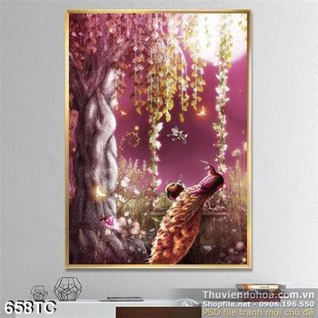 Tranh chim công trong đêm khuya psd