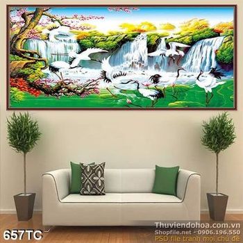 Tranh chim hạc và cái thác nước 3d in uv