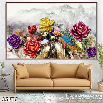 Tranh chim công và những bông hoa mẫu đơn giả ngọc