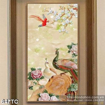 Tranh chim công psd giả ngọc và con chim đỏ
