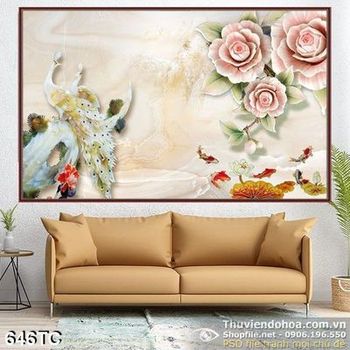 Tranh chim công và bông hoa giả ngọc màu hồng