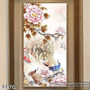 Tranh chim công và hoa mẫu đơn vector