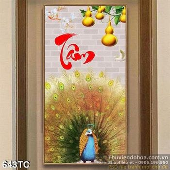 Tranh chim công xòe đuôi và chữ tâm