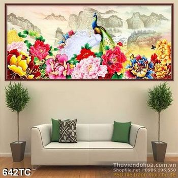 Tranh chim công và vườn hoa mẫu đơn 3d đẹp