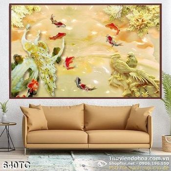 Tranh chim công giả ngọc  cá koi