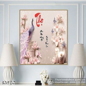 Tranh chim công chữ thọ thư pháp