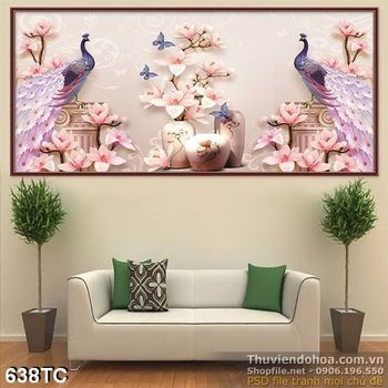 Tranh chim công phù điêu và bình hoa hiện đại 3d